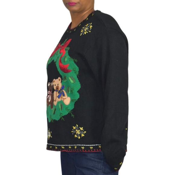 Ugly Christmas Sweater Vintage Teddy Bear Wreath Embroidery Knit Holiday Size XL - Picture 12 of 16